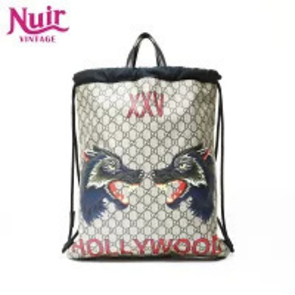 Gucci Drawstring Backpack Brown Supreme GG Daypack Rucksack Wolf - Picture 2 of 12
